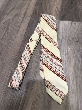 👔 Vintage 70s Lazarus Wide Tie Cream Rust Blue Geometric Stripe Necktie
